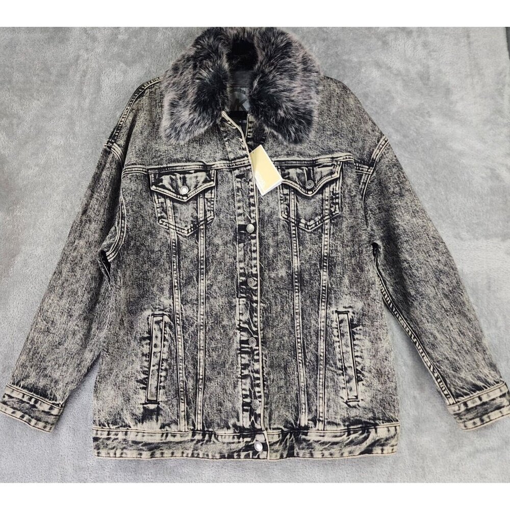 Michael Kors Denim Jacket Womens Large Black Acid Wash Faux Fur Button Retro